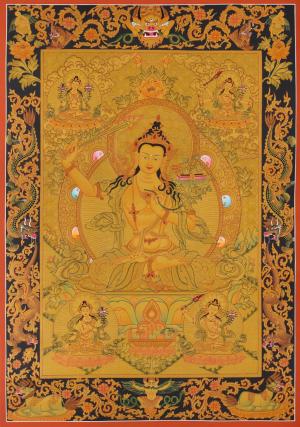 Full 24K Gold Style Original Manjushree Thangka Painting | Bodhisattva Of Wisdom